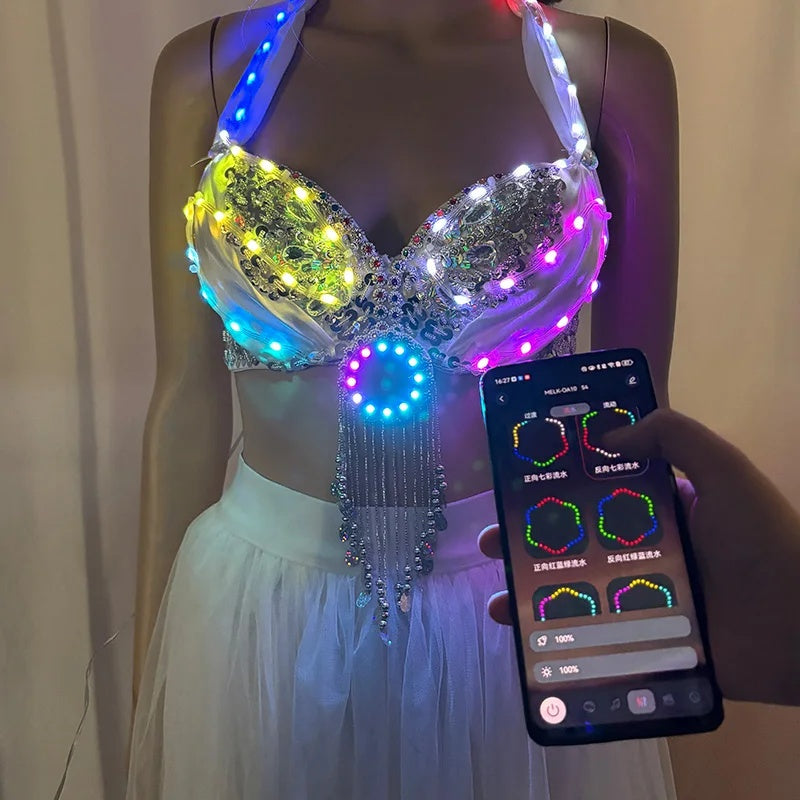 LED Color Lights Women Belly Dance Split Skirt Sexy-M40