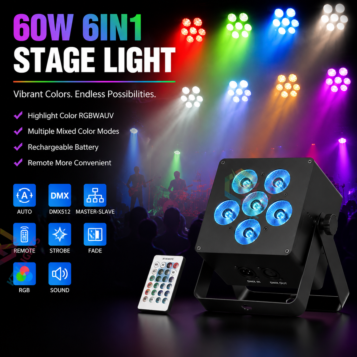 KTVLIGHTS 50W RGBW 6-in-1 Rechargeable Battery LED PAR Light-P49