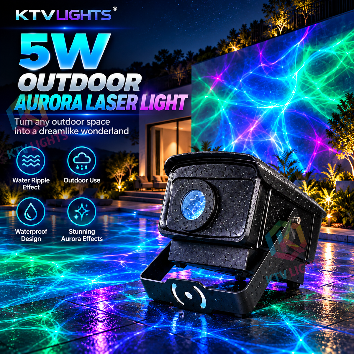 KTVLIGHTS RGB Water Ripple Laser Projector DMX512 IP66-S65