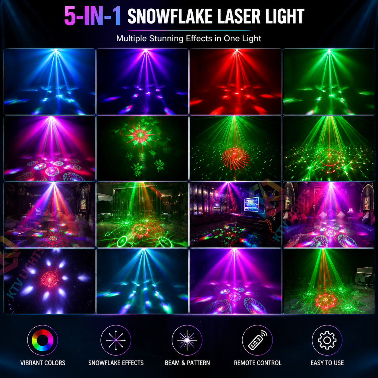 KTVLIGHTS 150W 5-in-1 RGB Snowflake Laser Stage Light with DMX-C14