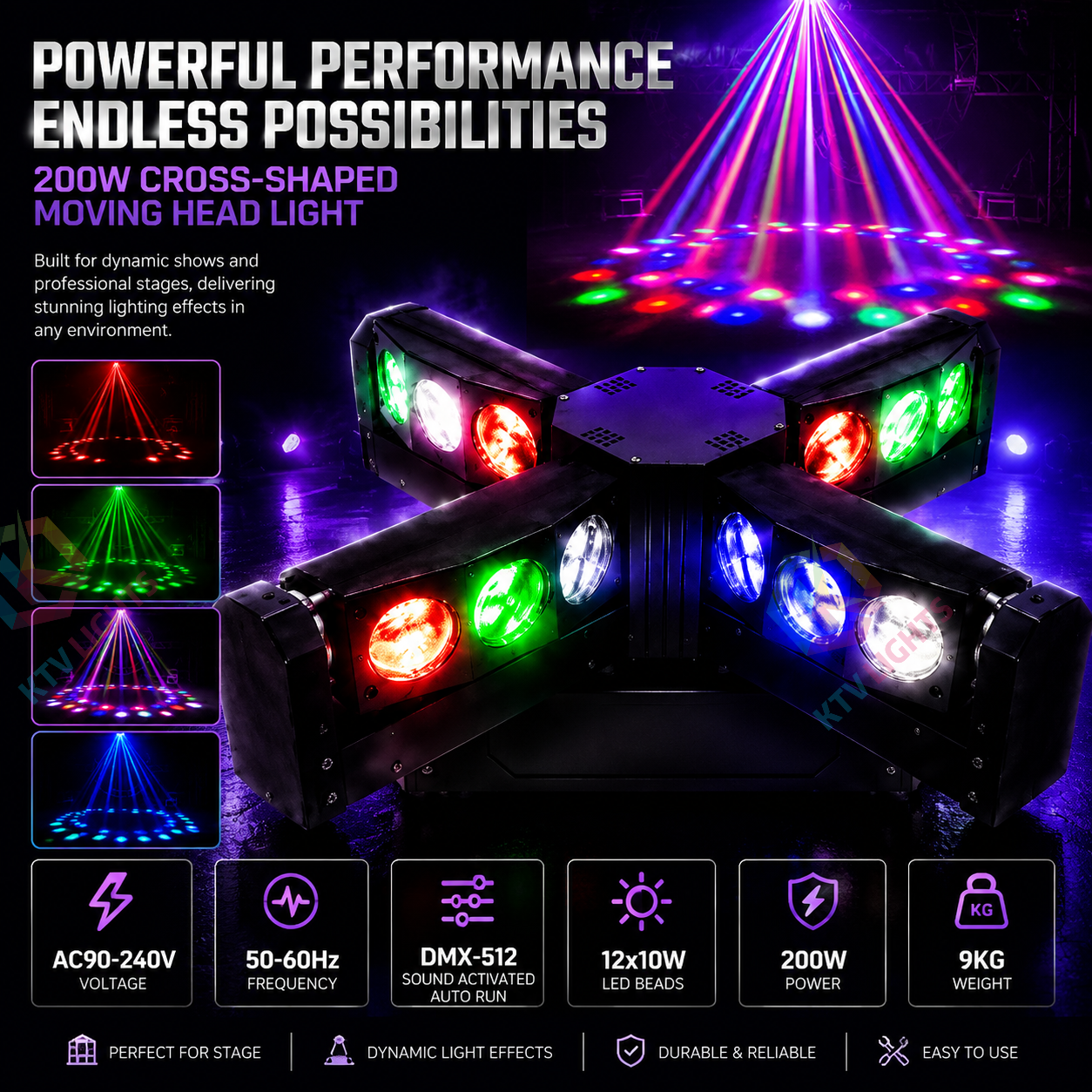 KTVLIGHTS 200W 4-in-1 Cross Moving Head DJ Stage Light- B8