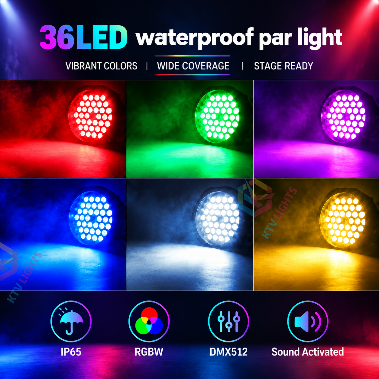 KTVLIGHTS 36-LED RGB 3-in-1 IP65 Waterproof PAR Light-P24