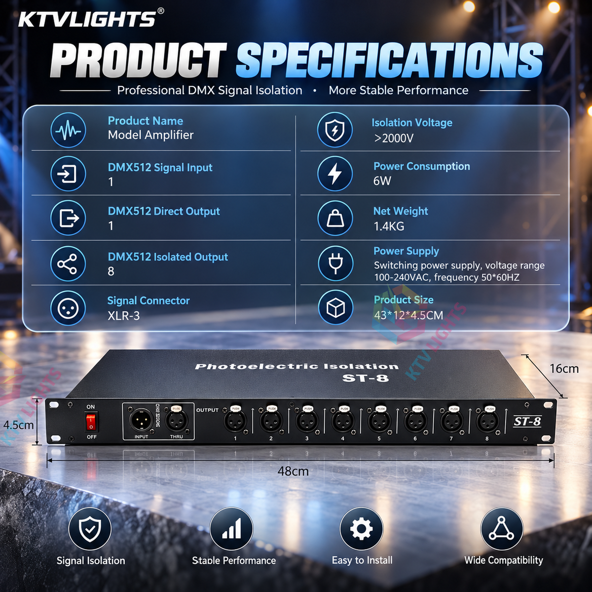 KTVLIGHTS 4/8-Way DMX512 Signal Amplifier & Stage Splitter-D11