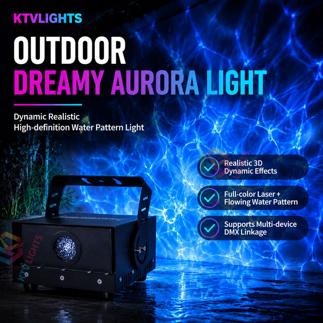 KTVLIGHTS 3W Full-Color IP65 Outdoor Water-Ripple DMX Laser Light-B50