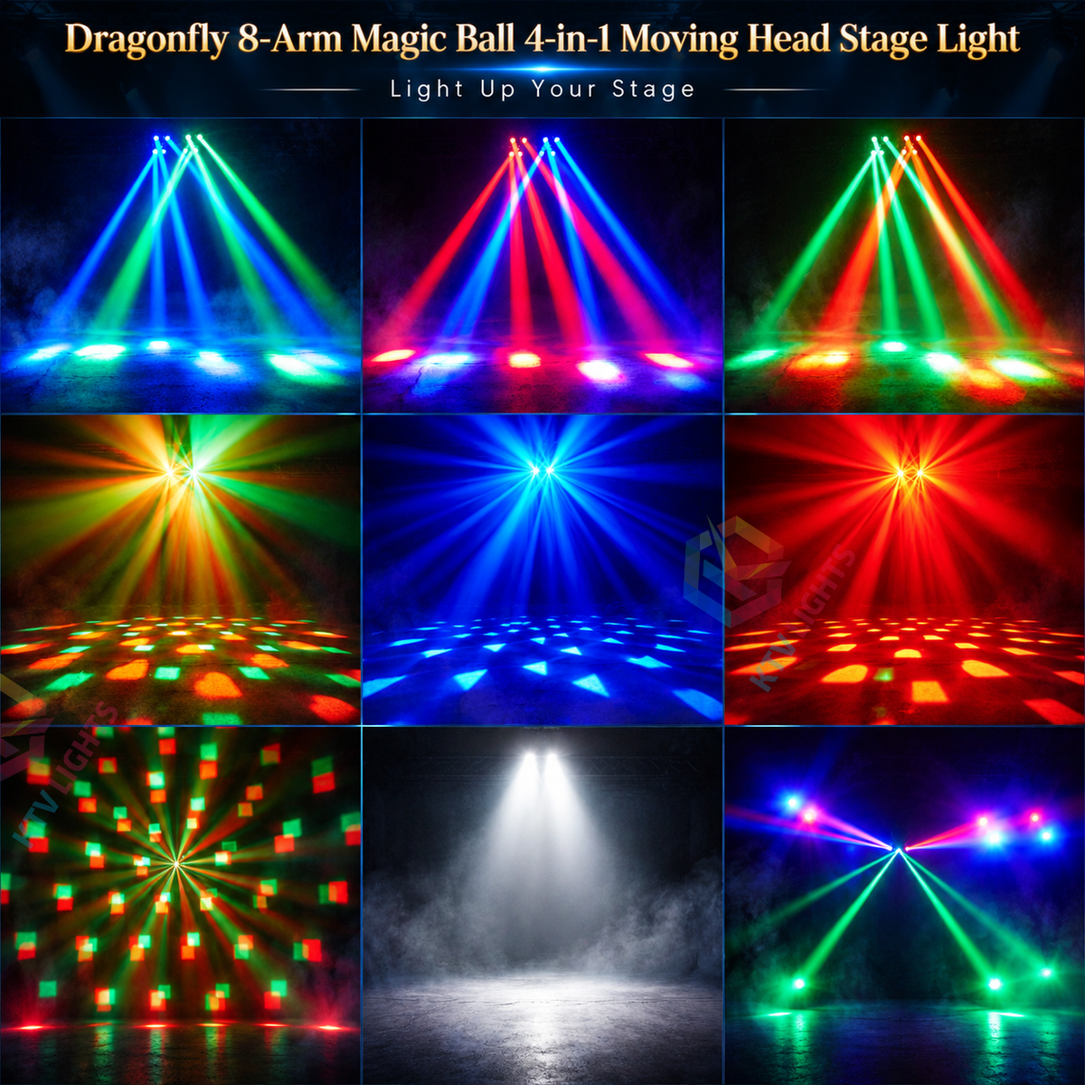 KTVLIGHTS 150W 8-Arm 4-in-1 RGBW Laser Moving Head Stage Light DMX512-E100