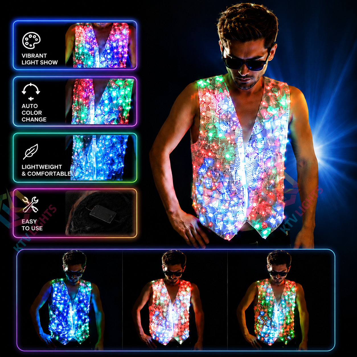 KTVLIGHTS Colorful LED Vest for Rave Parties & Festivals-M5