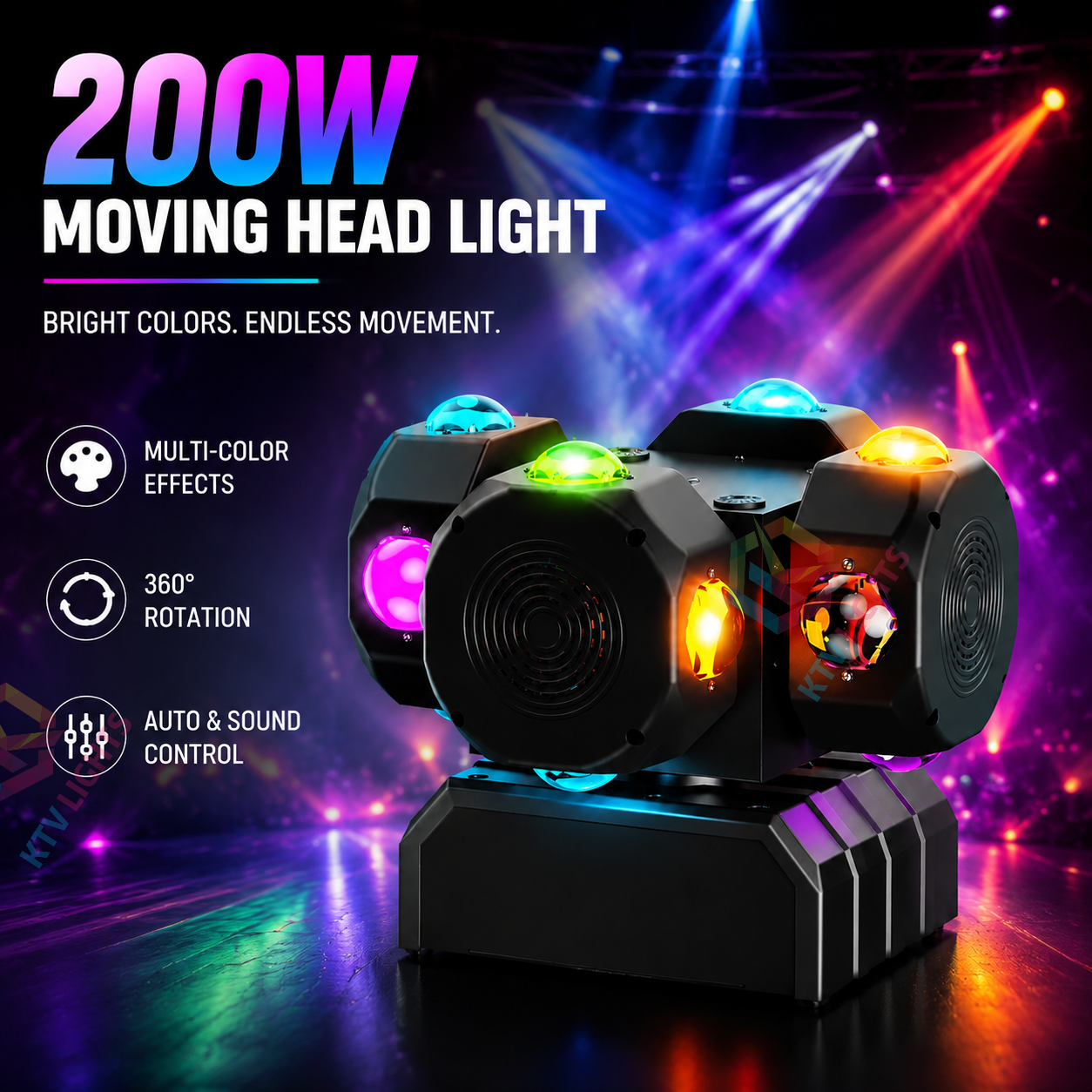 KTVLIGHTS LED 200W RGBW Moving Head Light DMX512 DJ Stage Lighting - E49