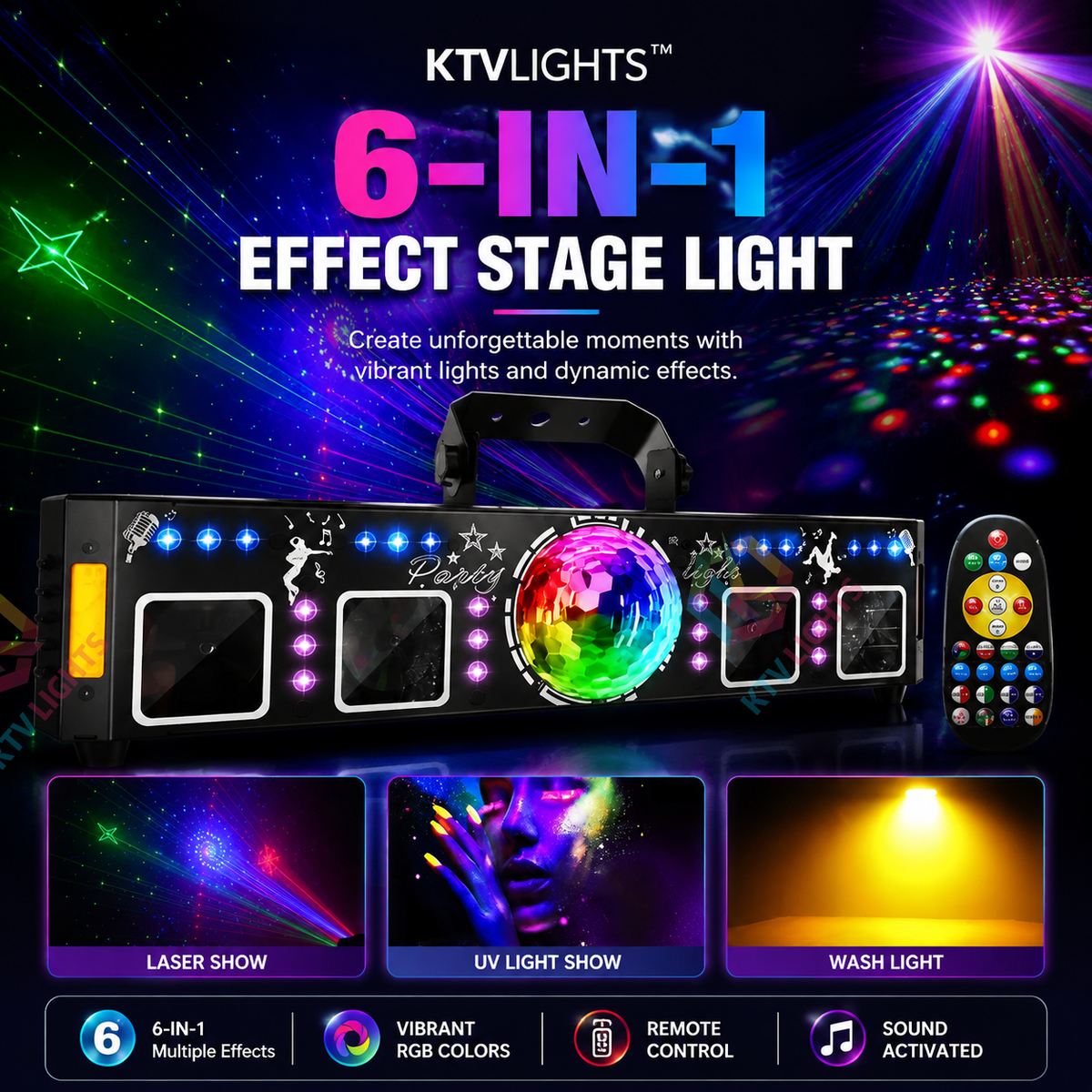 KTVLIGHTS 2026 Model 65W 6-in-1 RGB UV Beam Strobe DMX Stage Light-B36