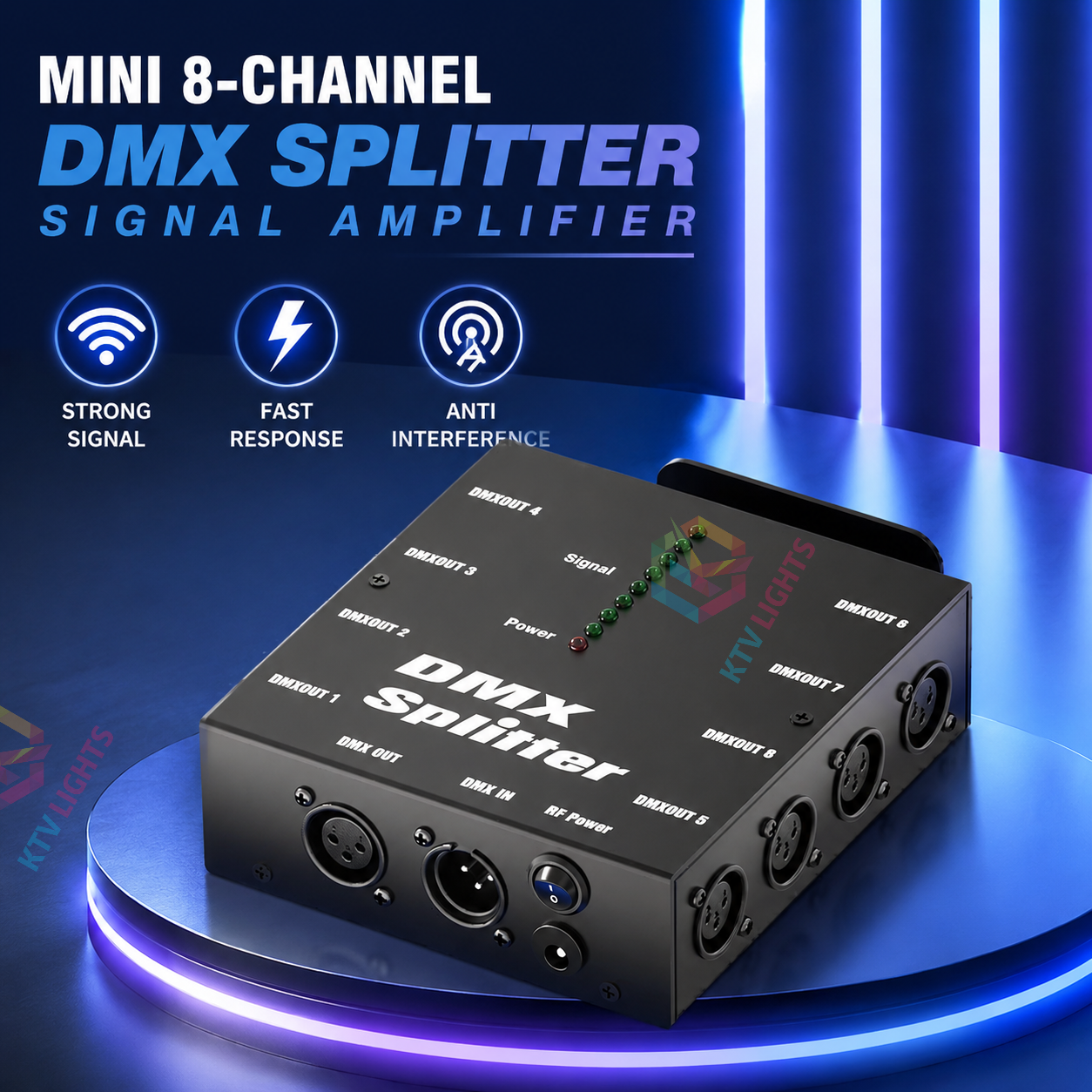 KTVLIGHTS 8-Way Isolated DMX512 Splitter Amplifier-D4