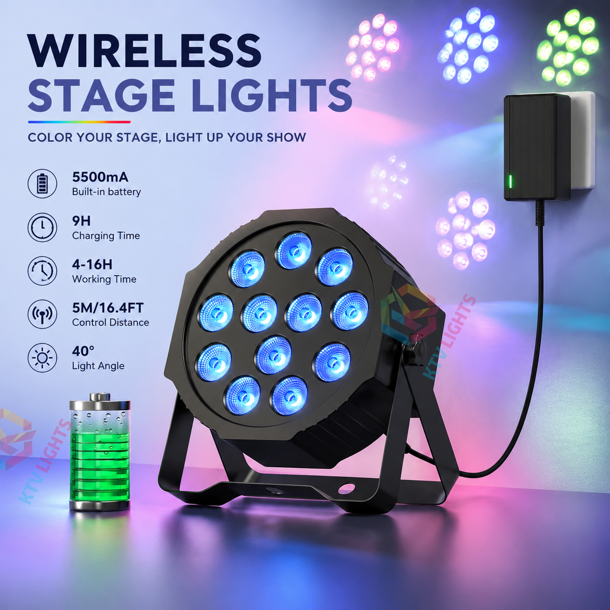 KTVLIGHTS Rechargeable RGBW LED Stage PAR Light-P16
