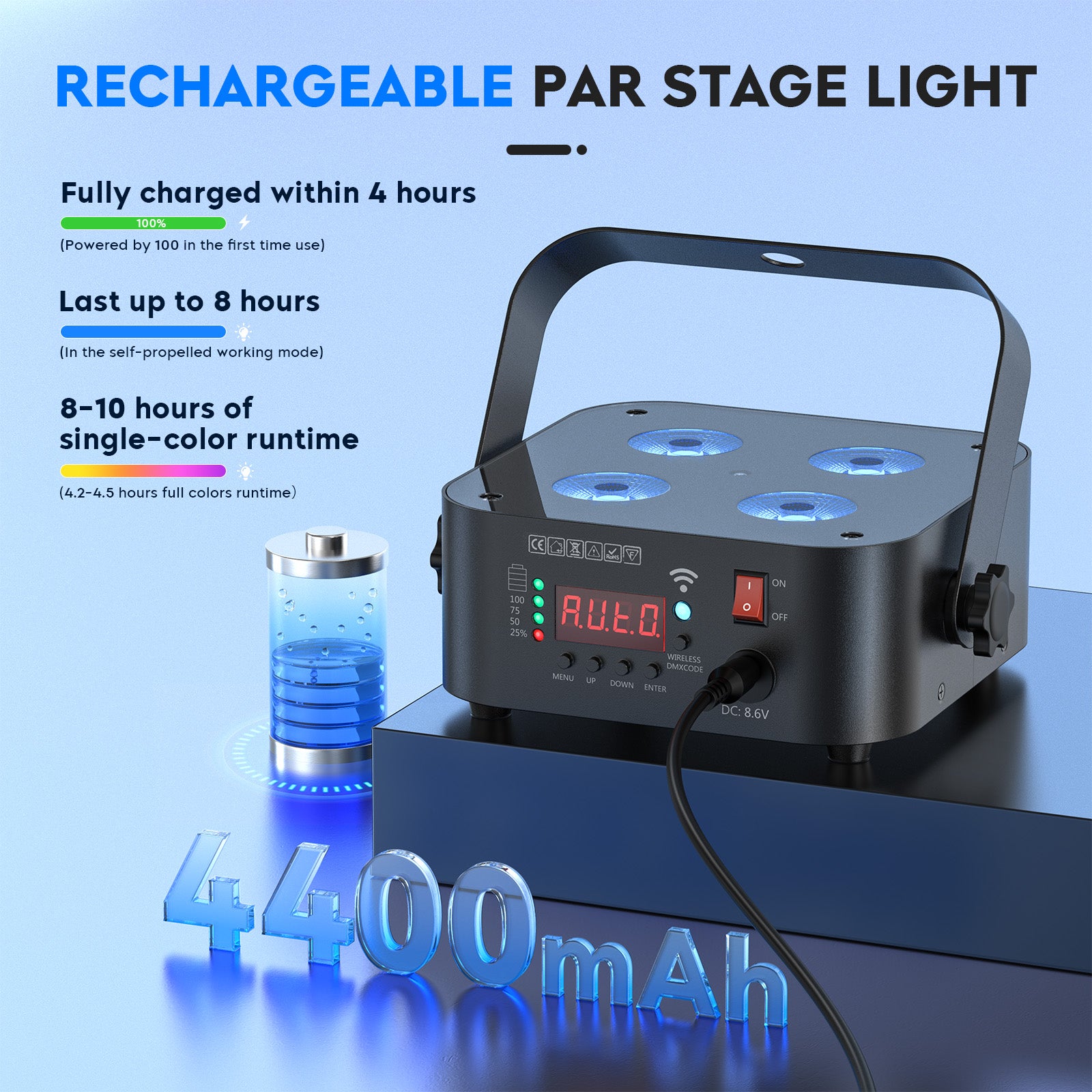 New 4 x 18W RGBW Mini Rechargeable Par Lights - P13