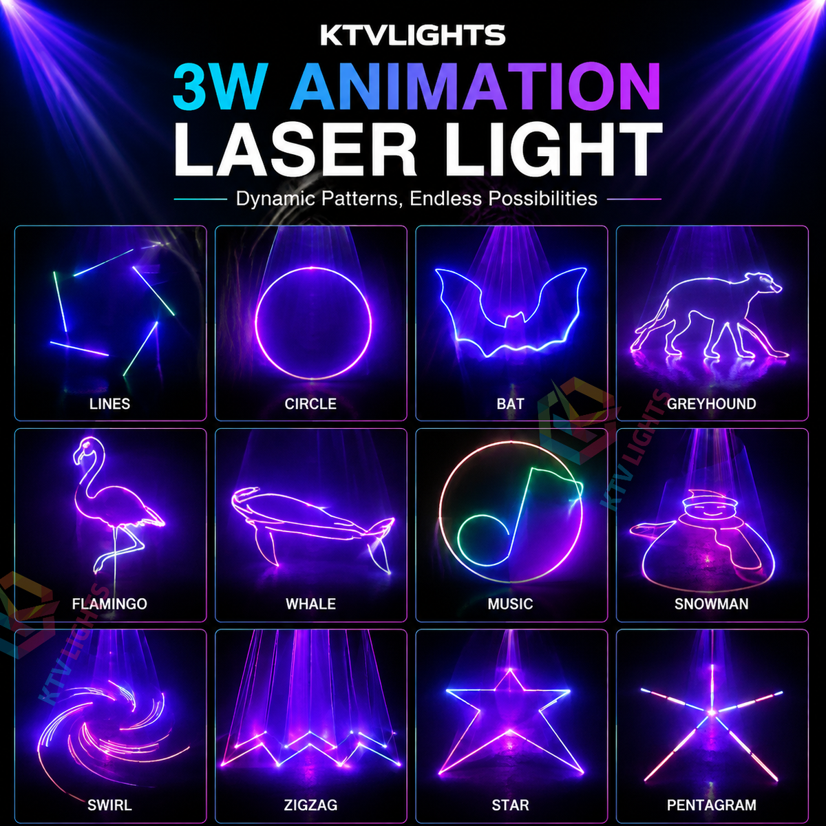 KTVLIGHTS 3W Sound-Activated Animation Laser Light for DJ Stages-A27