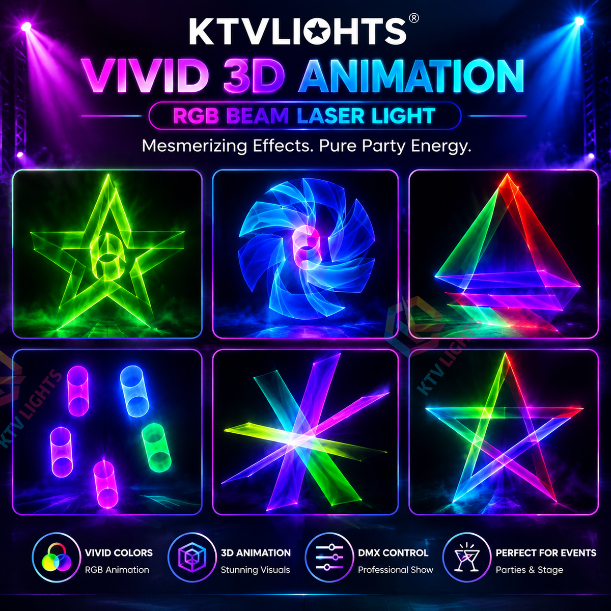 KTVLIGHTS 2W/4W 5-in-1 RGB 3D Animation Beam DMX Stage Laser Light-A7