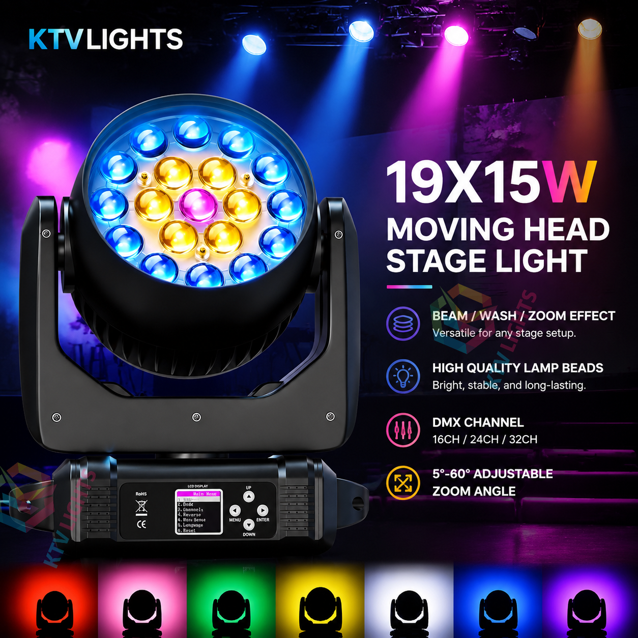 KTVLIGHTS LED 285W RGBW 19 LED Moving Head Light DJ Stage Lighting-E54