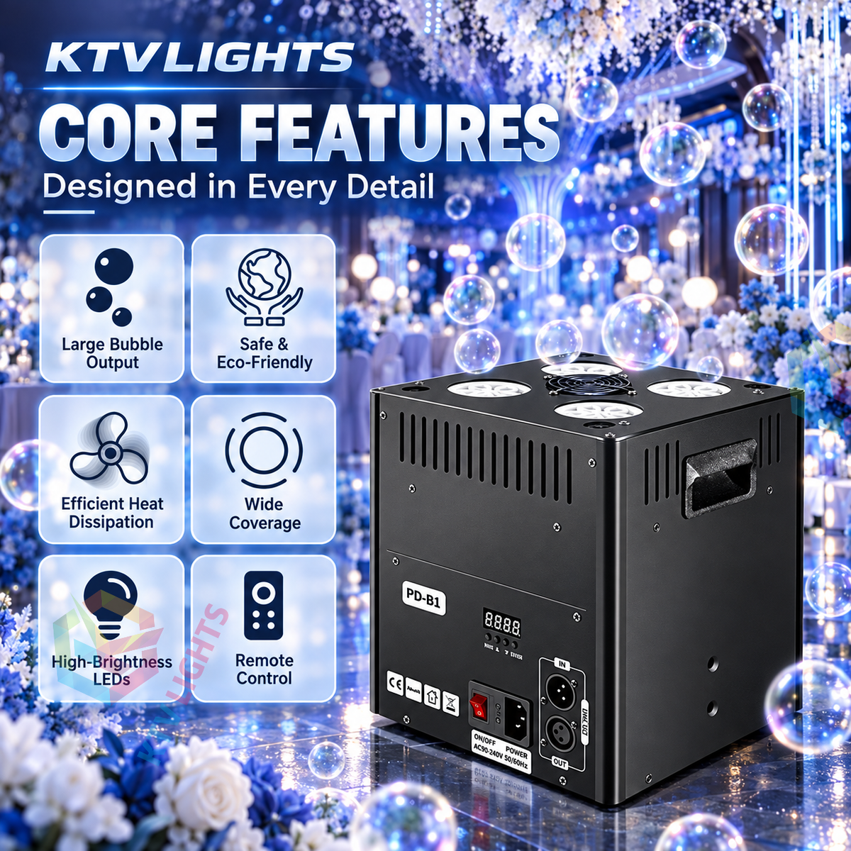 KTVLIGHTS LED 4-Wheel Upright Bubble Machine with Remote Control-Y20