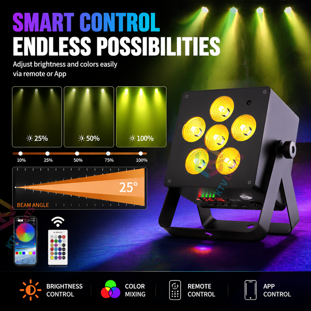KTVLIGHTS 50W RGBW 6-in-1 Rechargeable Battery LED PAR Light-P49