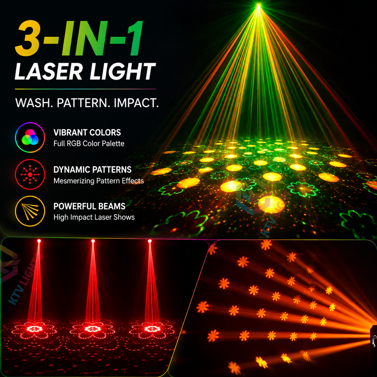 KTVLIGHTS 3-in-1 Wash Pattern Laser Light for DJ Stage Effects-B41