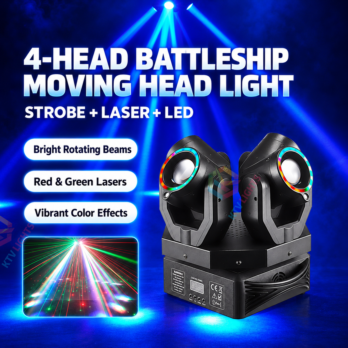 KTVLIGHTS 150W 4-Head LED Beam & Laser Moving Head Stage Light DMX512-E107