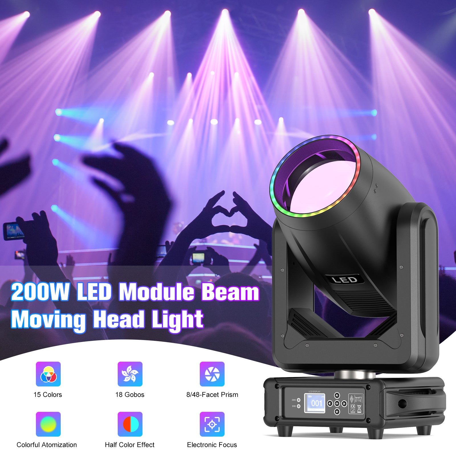 200W LED Beam Moving Headlight 18 Gobos 15 Colors 8+48 Prism Stage Light-E25