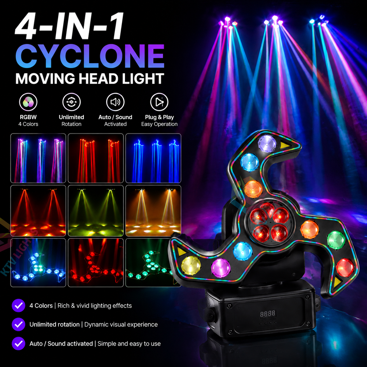 KTVLIGHTS 120W 4-in-1 Cyclone Moving Head Light RGBW DJ Lighting - E70