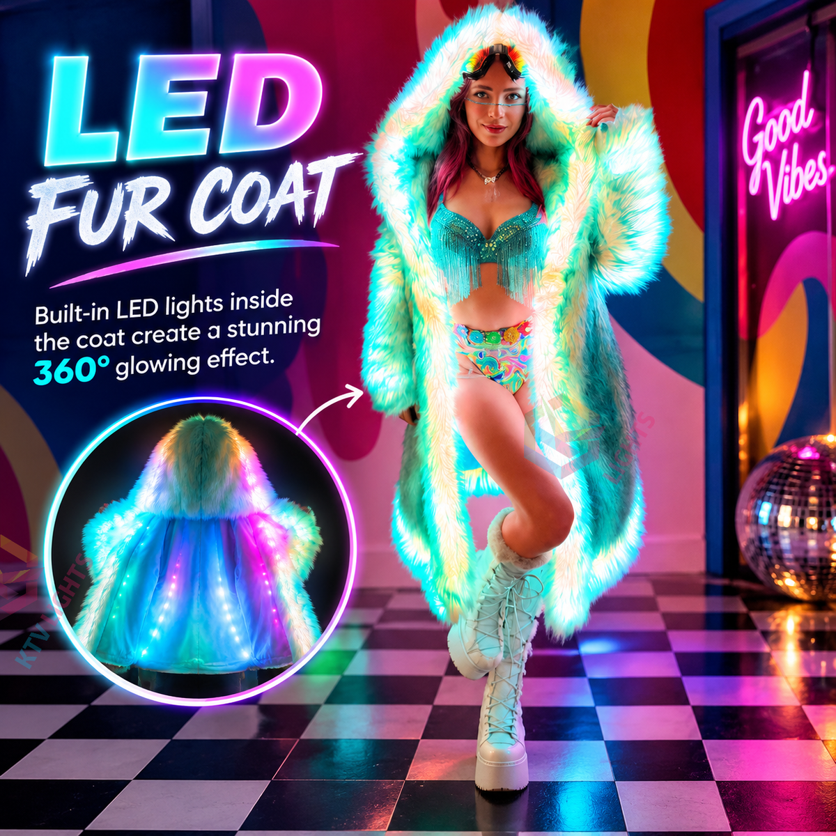 KTVLIGHTS LED Faux Fur Coat for Cosplay, Festivals & Parties-M60