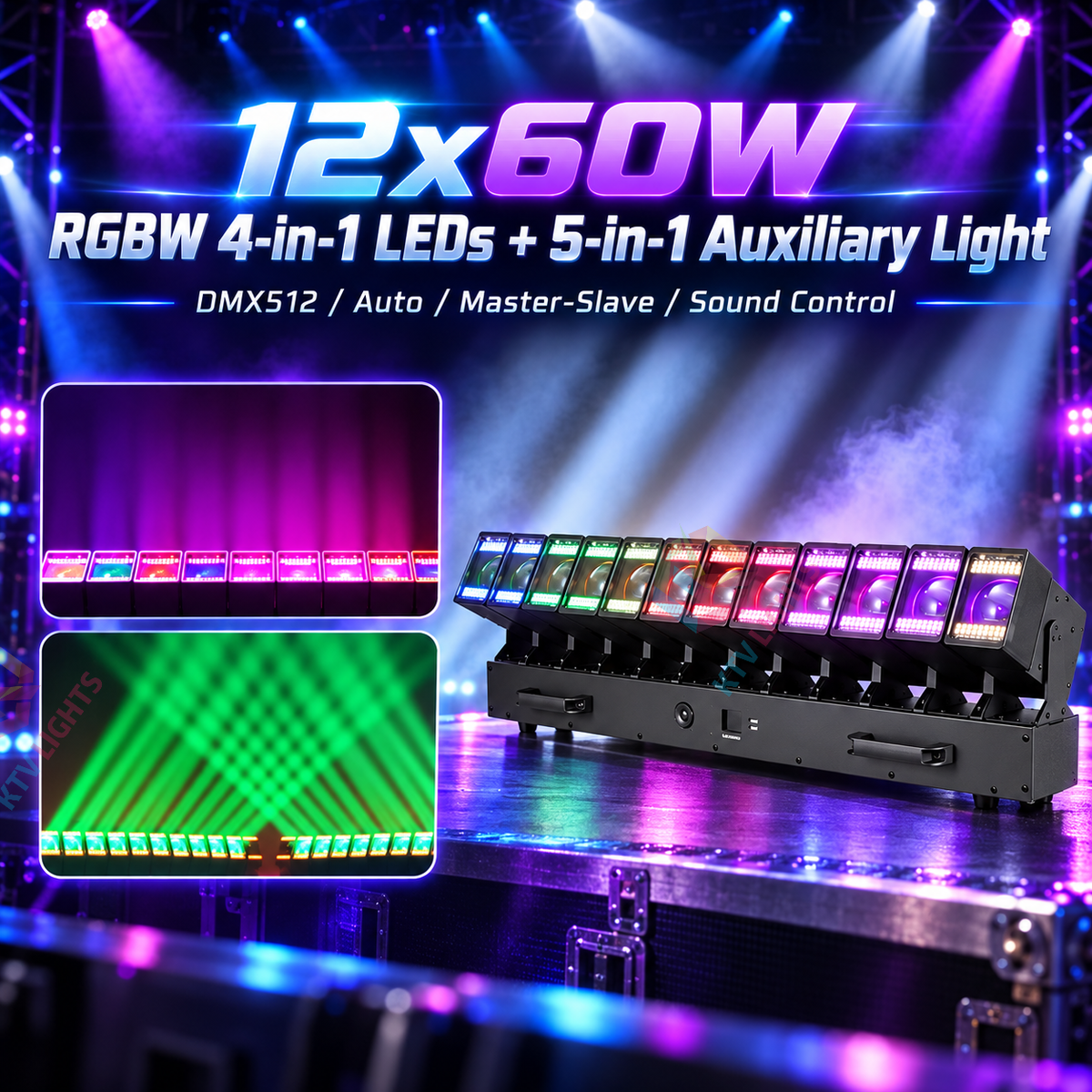 KTVLIGHTS 12x60W RGBW Moving Head Matrix Light DMX512 Stage Lighting-E104