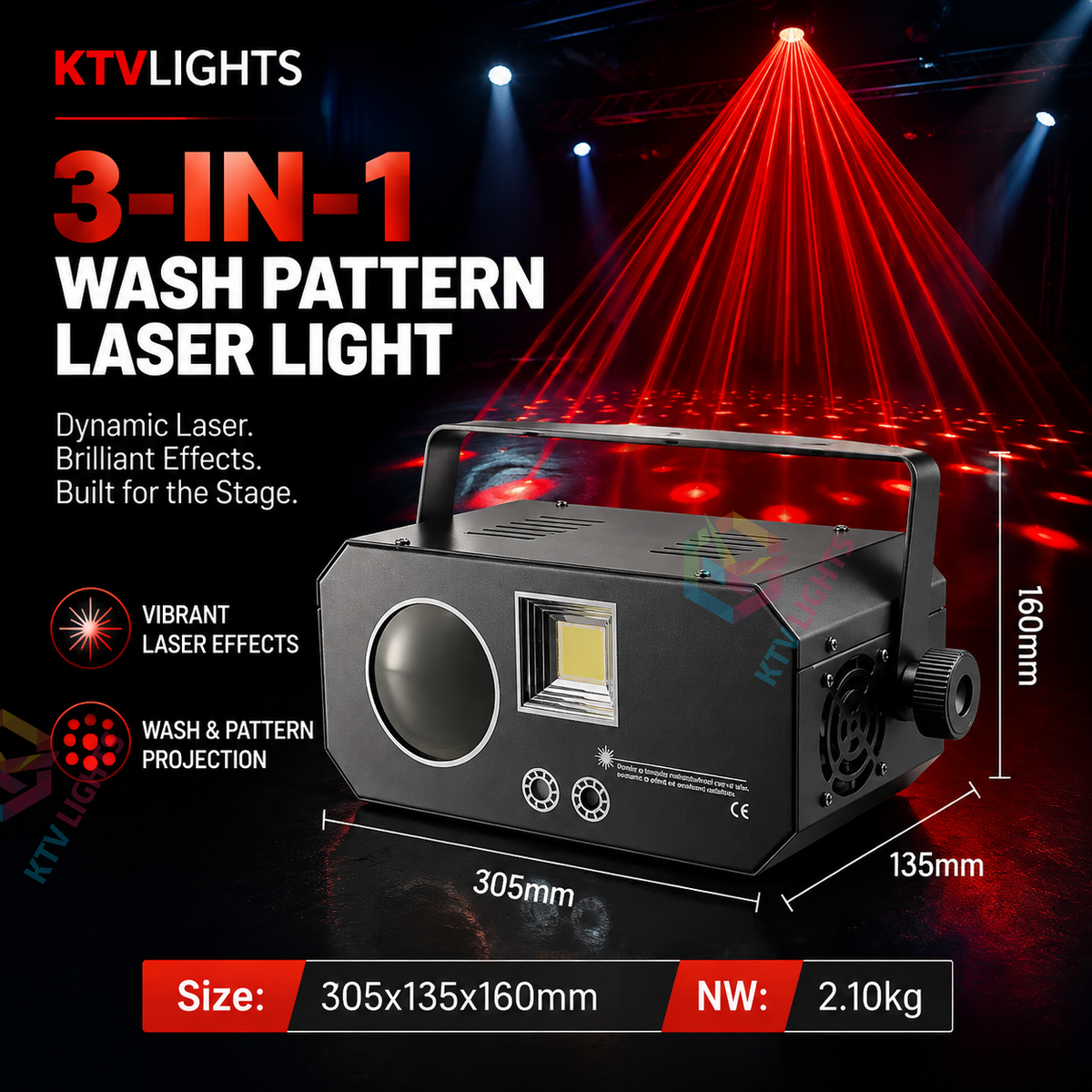 KTVLIGHTS 3-in-1 Wash Pattern Laser Light for DJ Stage Effects-B41