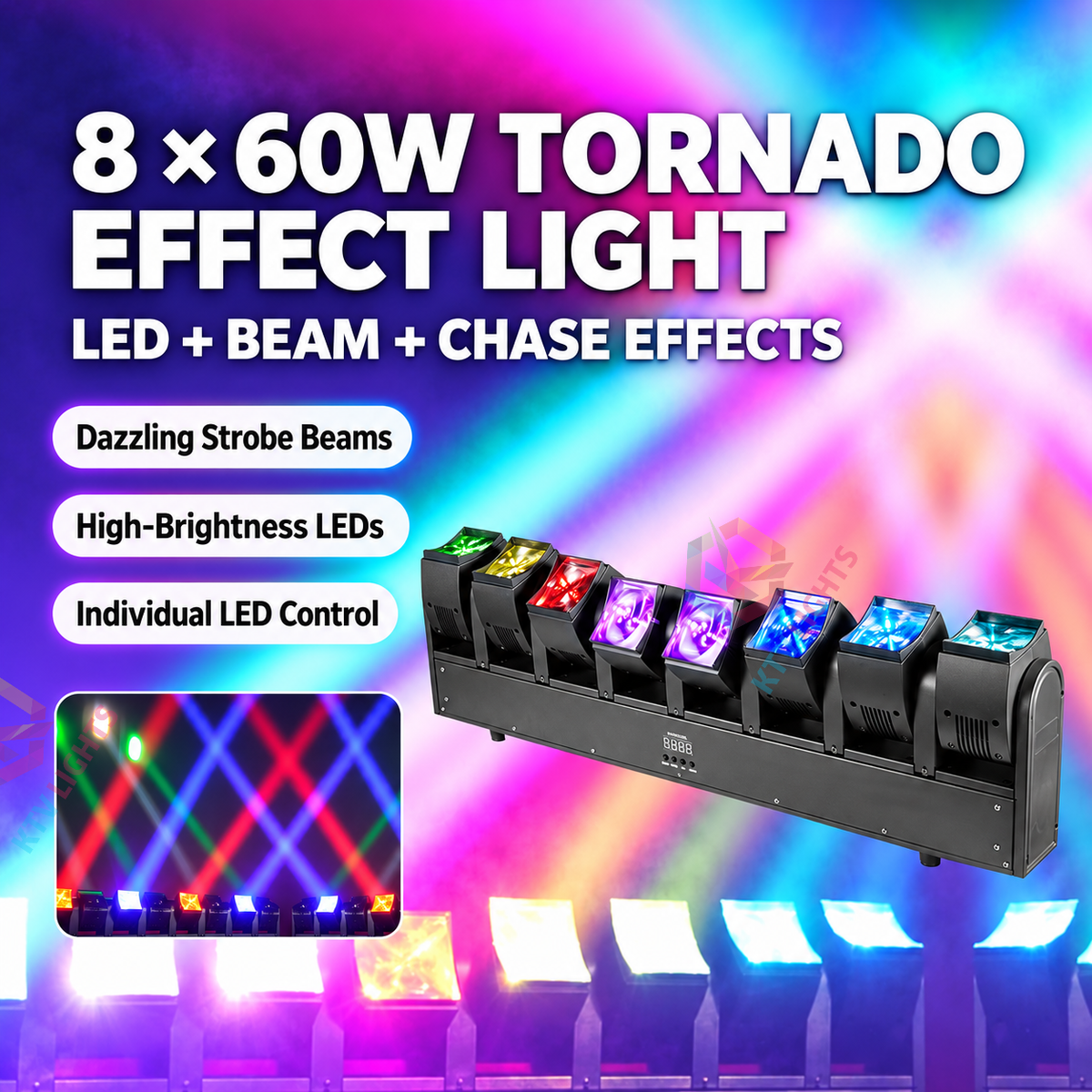 KTVLIGHTS 8x60W RGBW Tornado Moving Head Beam Bar Stage Light - DMX512-E106