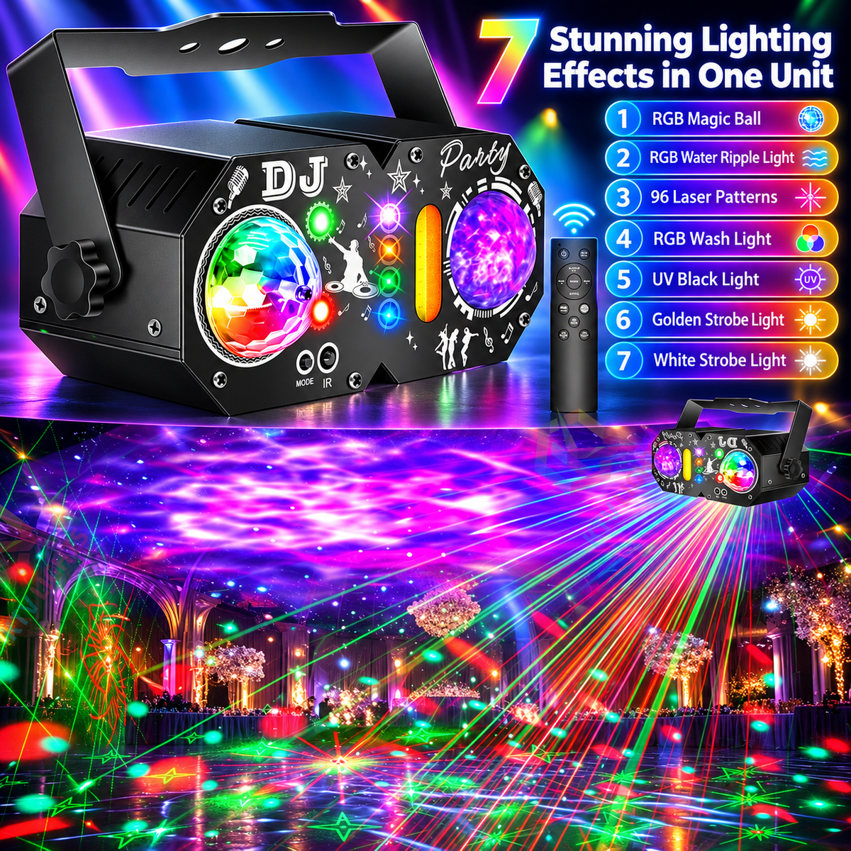 KTVLIGHTS 7-in-1 Mini Magic Ball Stage Laser Light RGB UV Strobe-B61