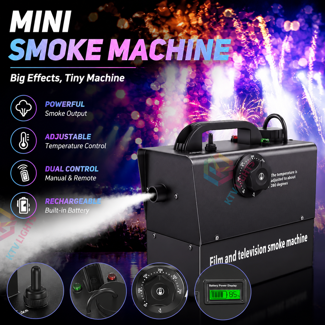 KTVLIGHTS 400W Mini Remote Control Rechargeable Smoke Machine-Y17
