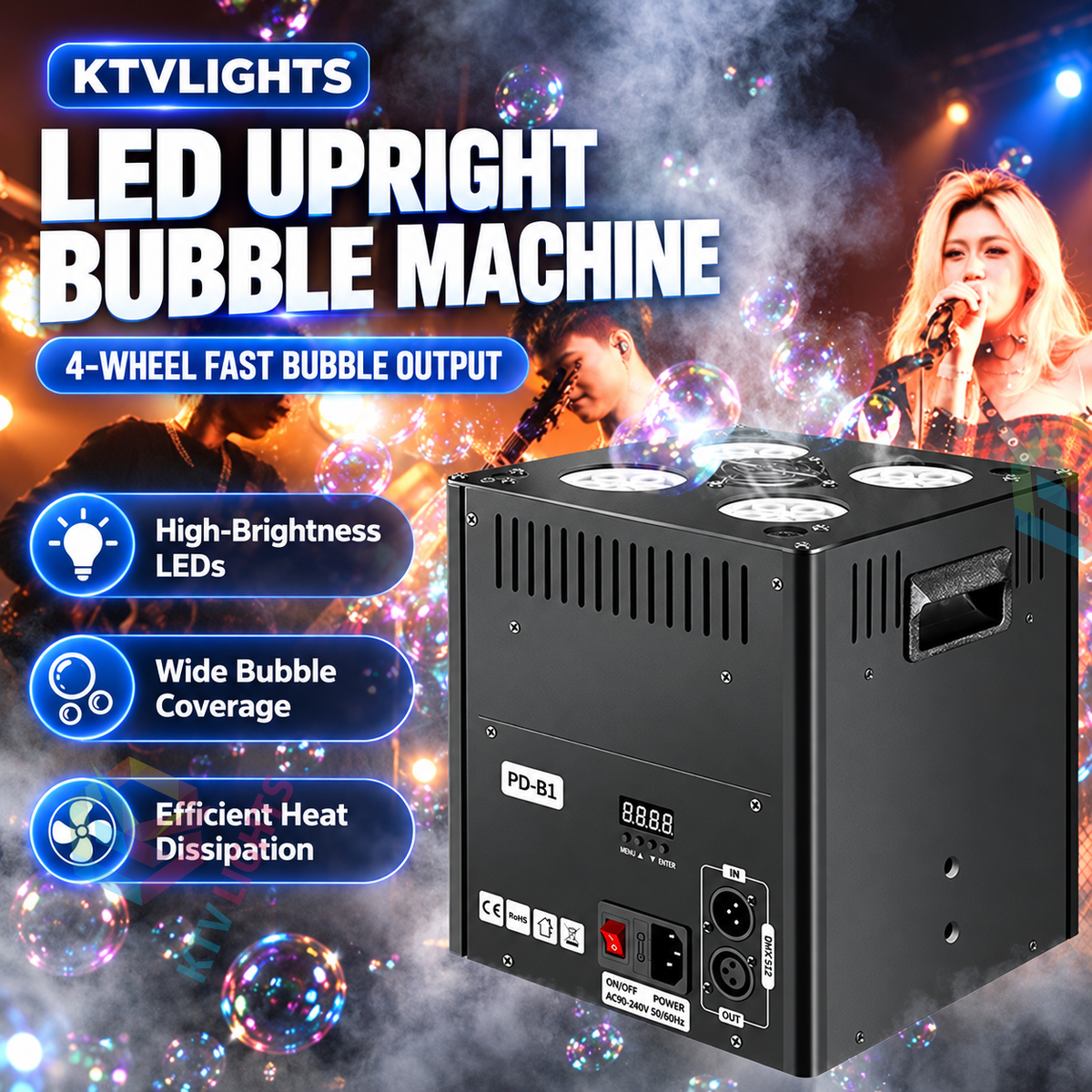 KTVLIGHTS LED 4-Wheel Upright Bubble Machine with Remote Control-Y20