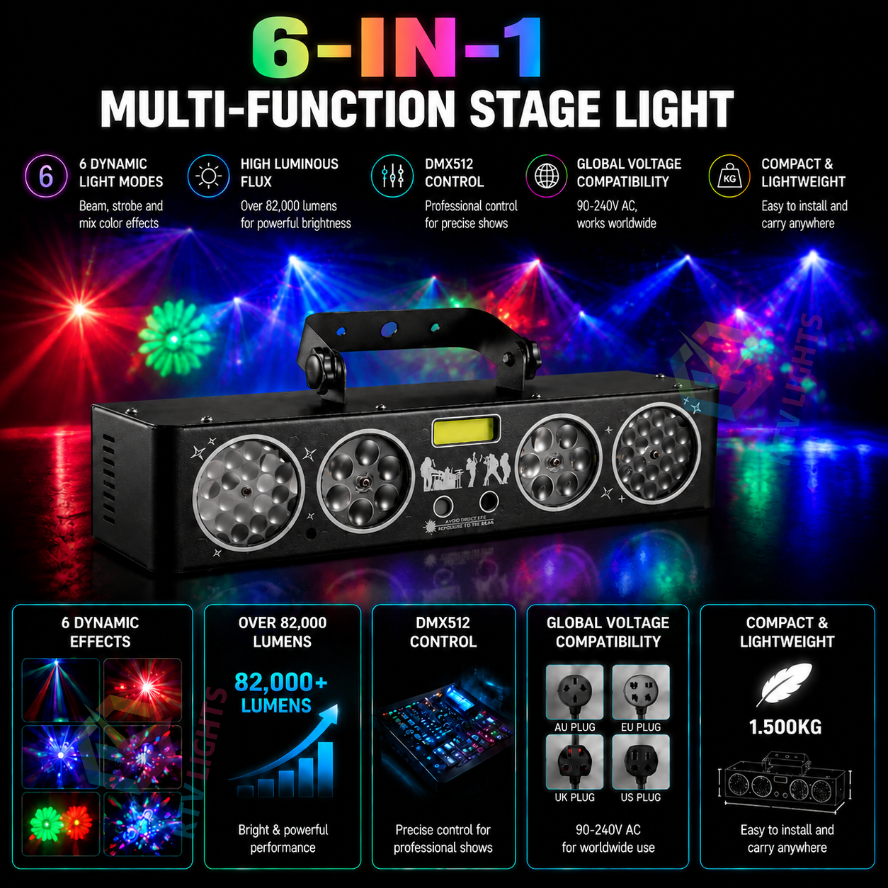 KTVLIGHTS 6IN1 LED Laser Stage Light for DJ Party Wedding Club- C9