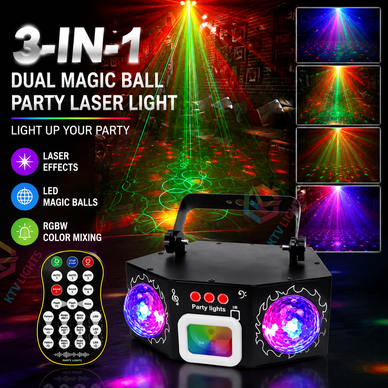 KTVLIGHTS 2026 Model 3-in-1 Dual Magic Ball Laser DJ Party Stage Light-C15