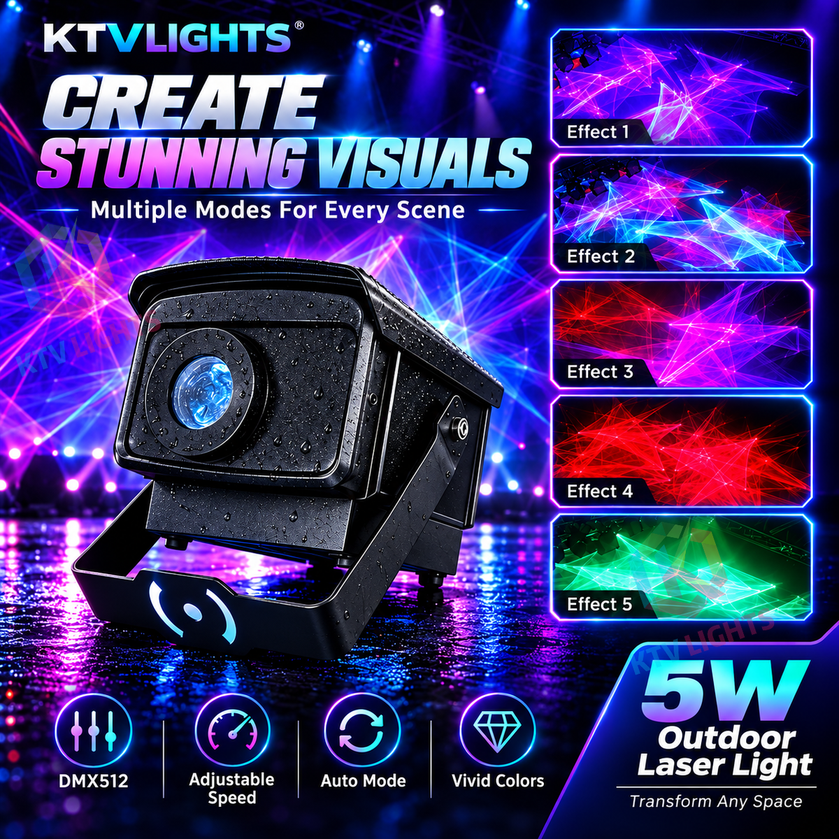 KTVLIGHTS RGB Water Ripple Laser Projector DMX512 IP66-S65