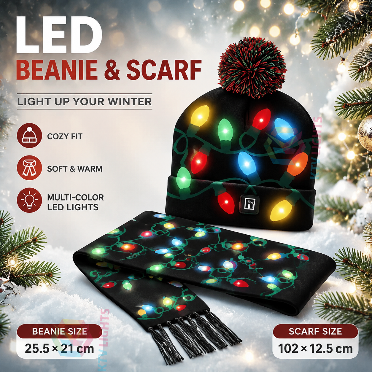 KTVLIGHTS Light Up Christmas Hat & Scarf For Holiday Fun-M35