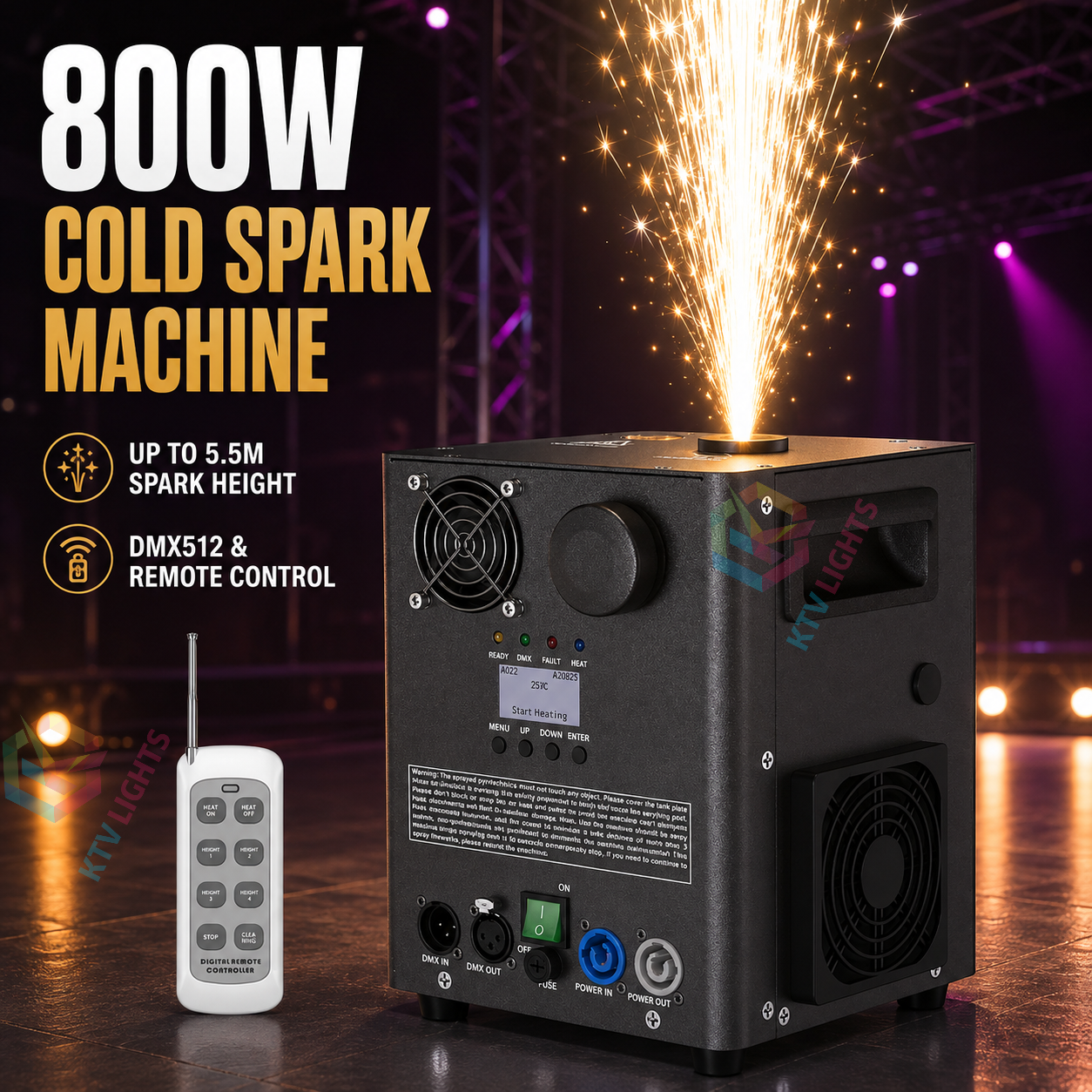 KTVLIGHTS 800W Cold Spark Machine, 5.5M Fountain & DMX-H2