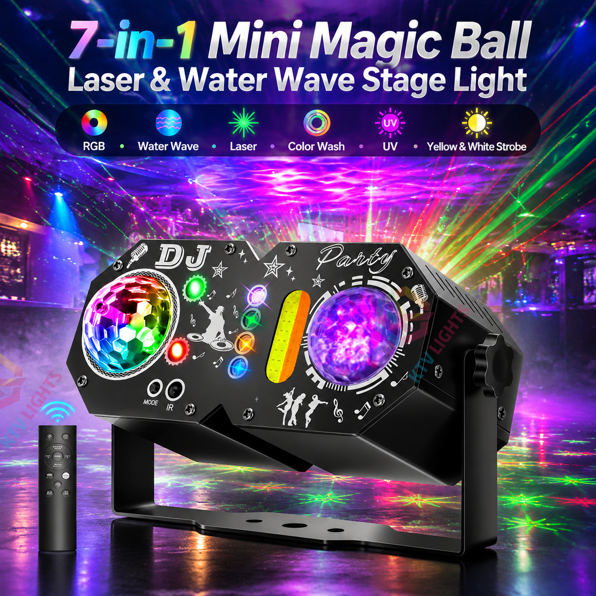 KTVLIGHTS 7-in-1 Mini Magic Ball Stage Laser Light RGB UV Strobe-B61