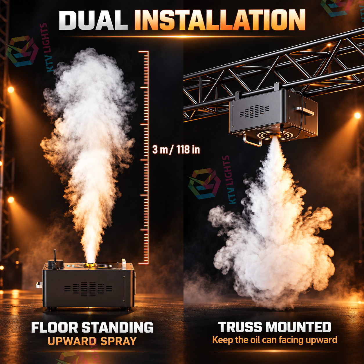KTVLIGHTS 1200W RGB Vertical Fog Machine, 3000 CFM, 1L Tank-Y18