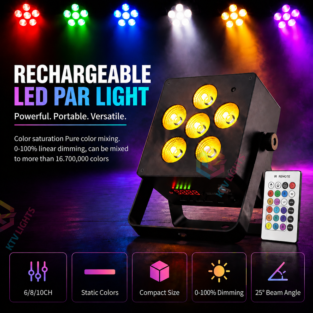 KTVLIGHTS 50W RGBW 6-in-1 Rechargeable Battery LED PAR Light-P49
