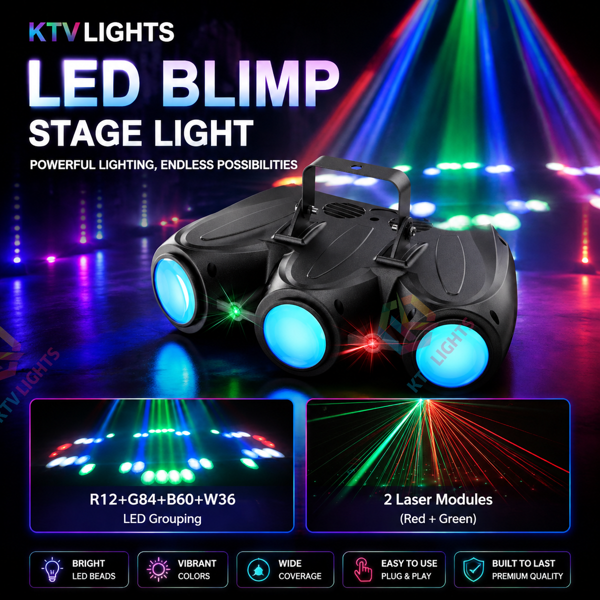 KTVLIGHTS RGBW 3-Head Airship-Style LED Stage Effect Light for DJ Parties- C23