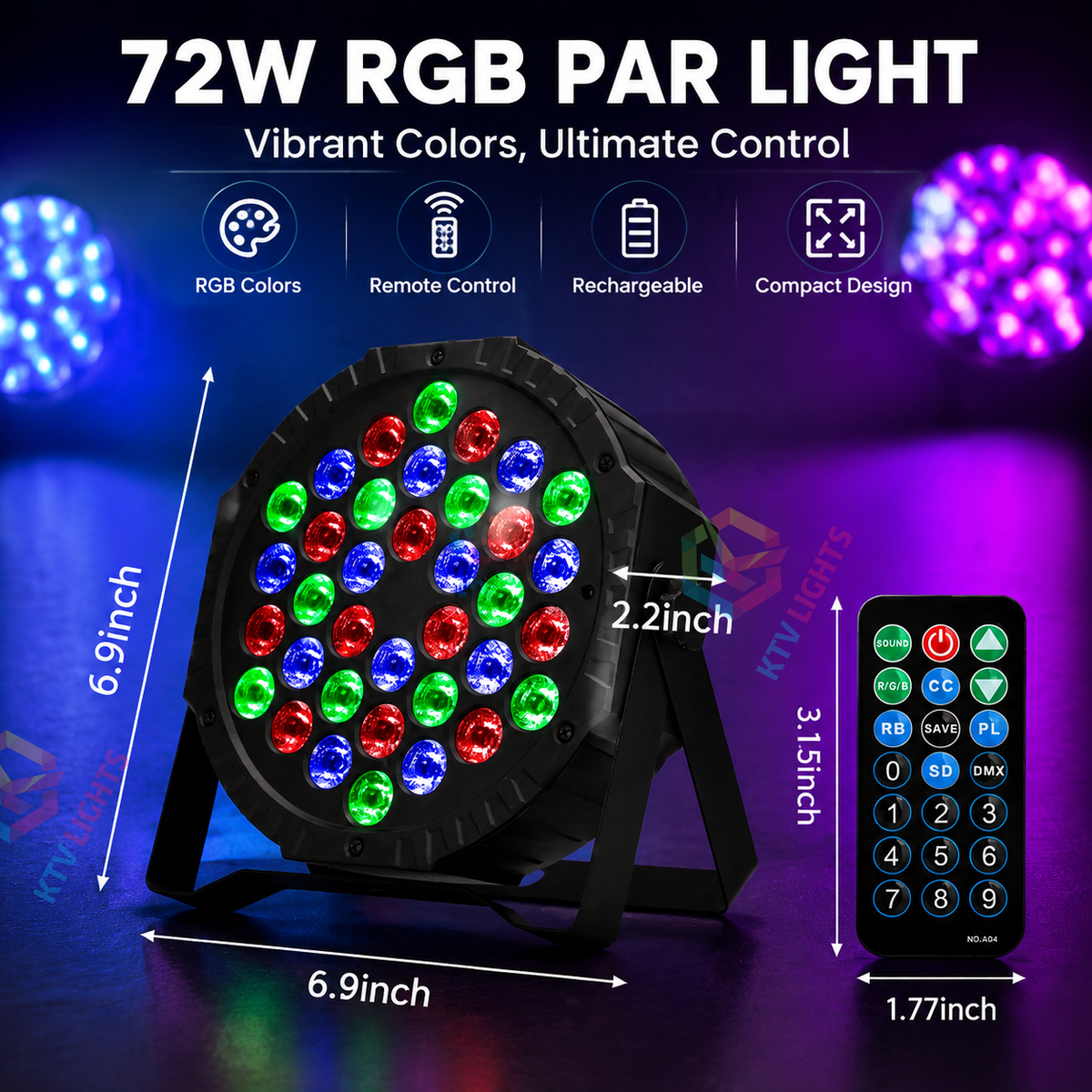 KTVLIGHTS 72W RGB Rechargeable LED PAR Light-P10