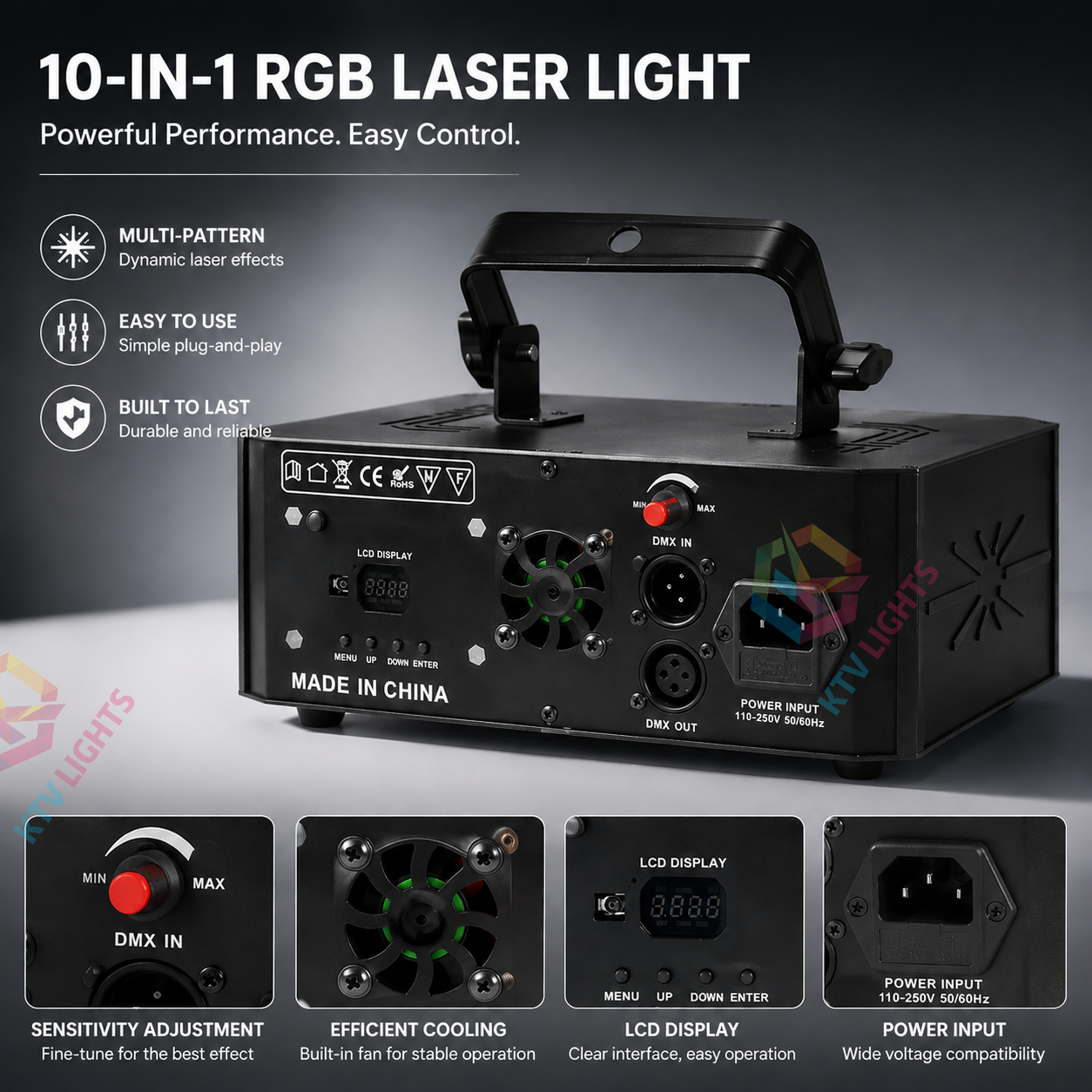 KTVLIGHTS RGB 3D Laser Stage Light 10-in-1 DJ Party Projector-A18