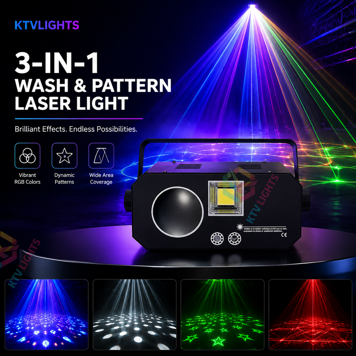 KTVLIGHTS 3-in-1 Wash Pattern Laser Light for DJ Stage Effects-B41