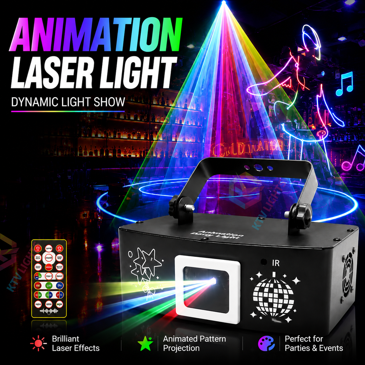KTVLIGHTS RGB Animated Laser Light, DJ Stage Effect Light, DMX512 Party Light-A24