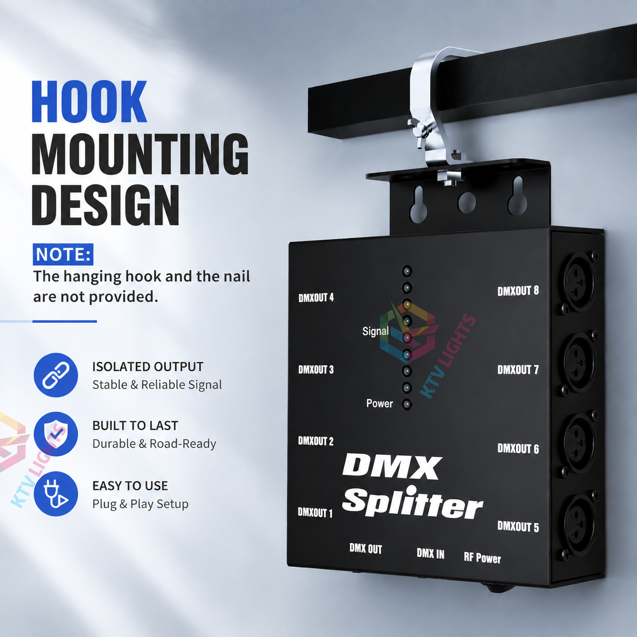 KTVLIGHTS 8-Way Isolated DMX512 Splitter Amplifier-D4