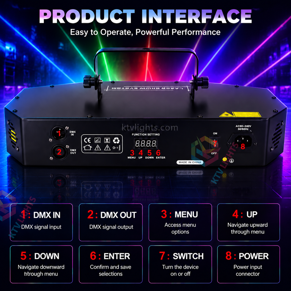 KTVLIGHTS 4-Aperture RGB Line-Scan DMX Laser Stage Light for DJ Clubs-B25
