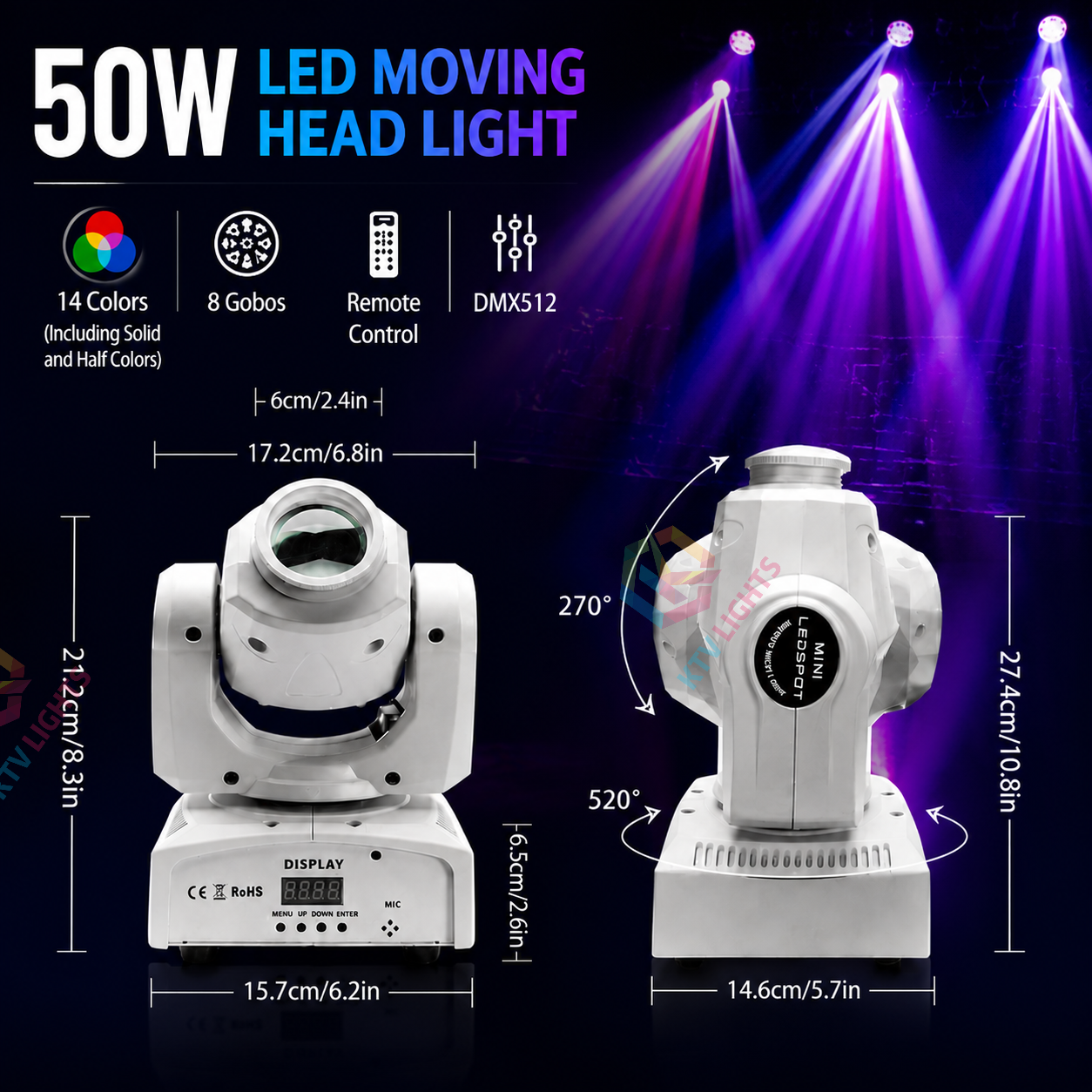 KTVLIGHTS LED Moving Head DJ Stage Light 8 Gobo-E27