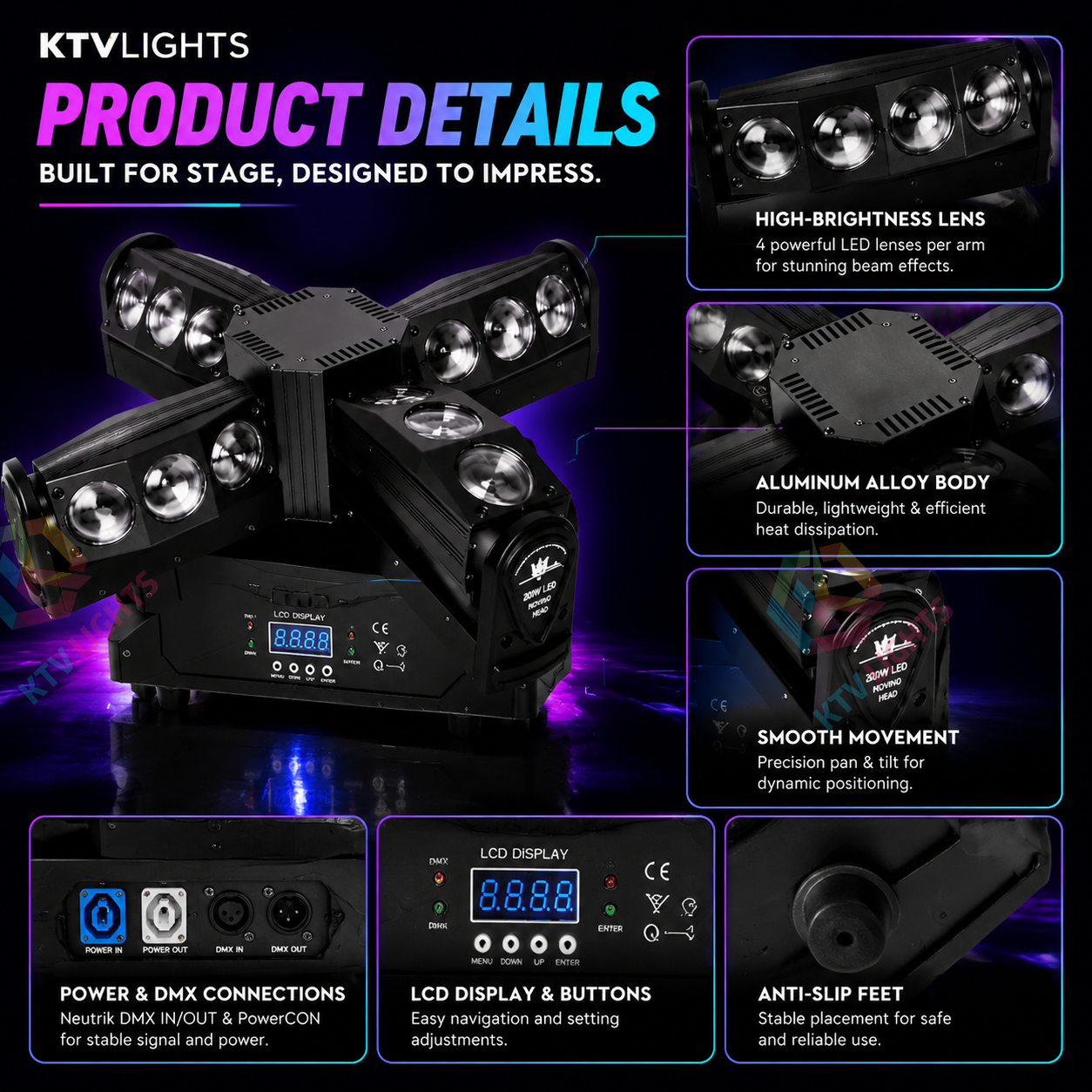 KTVLIGHTS 200W 4-in-1 Cross Moving Head DJ Stage Light- B8