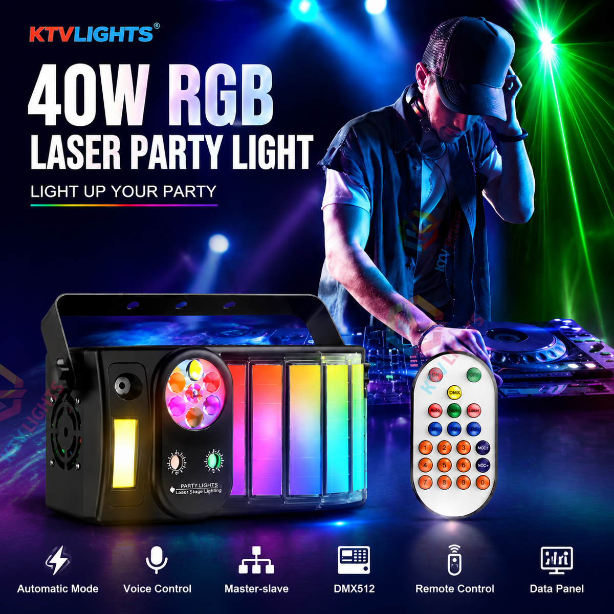 KTVLIGHTS 40W RGB Laser DJ Party Light with DMX & Remote Control-C28