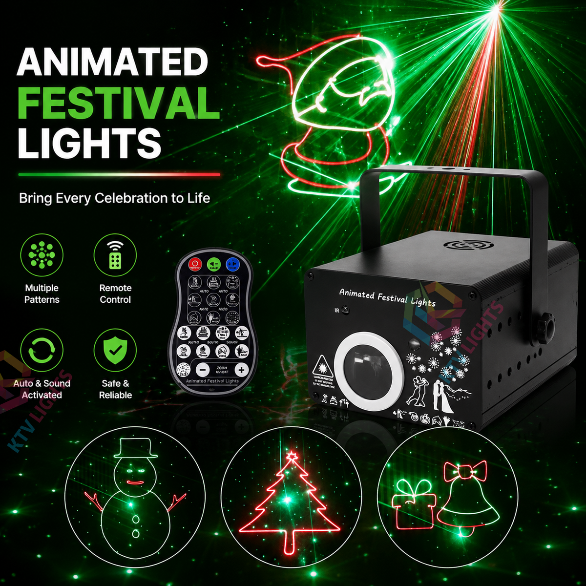 KTVLIGHTS 500mW/1W 9-in-1 Holiday Animation Laser Stage Light-A15